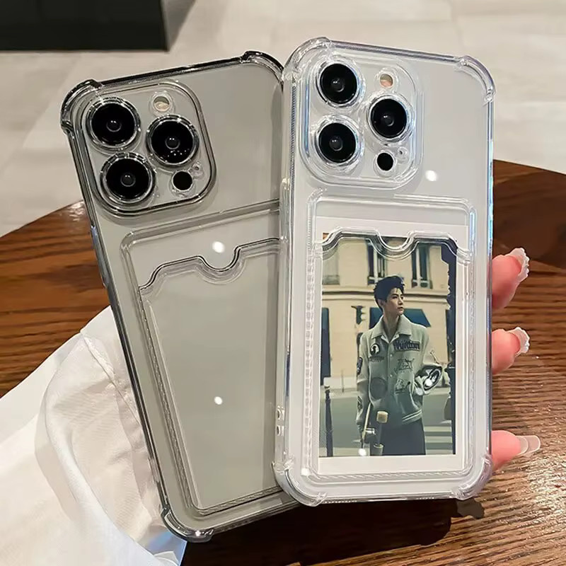 Transparente Silikon Schutzhülle mit Kartensteckplatz für iPhone 16, 15, 14, 13, 12, 11 Pro Max Plus – Stoßfeste Brieftaschen-Hülle - Bild 1
