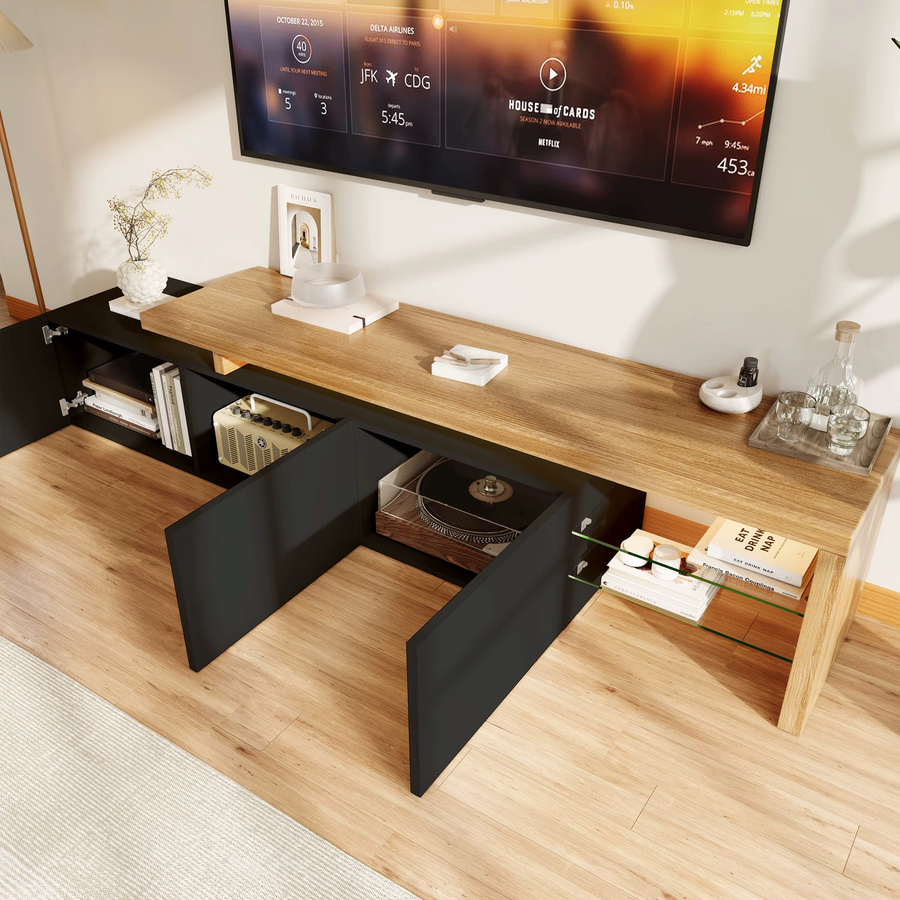 Rosahqnda TV-Schrank in Schwarz mit Hochglanz-Glasregalen und 3 Schubladen, modernes TV-Lowboard mit integrierter Beleuchtung, B/T/H: 200 x 39 x 42 cm - Bild 3