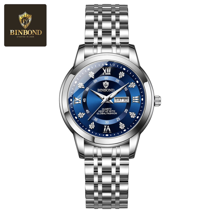BINBOND Armbanduhr Quarz, Edelstahl, Blau, Damen, Wochentag, Datum - Bild 5