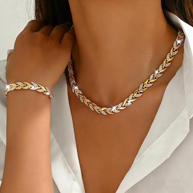 Spriboom Schmuckset, Armband, Halskette, Strass, Gold, Damen - Bild 1