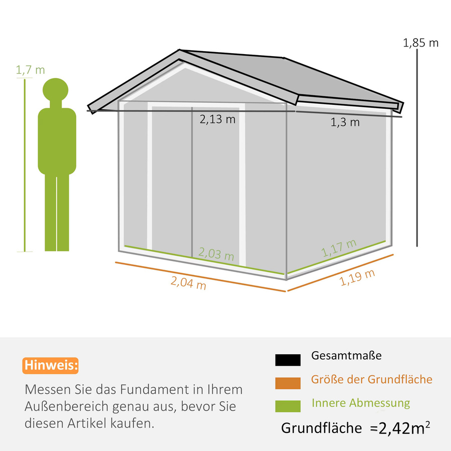 Outsunny Gartenhaus aus verzinktem Stahl in Braun mit Bodenrahmen und Schiebetüren, B/H/T: 130 x 185 x 213 cm - Bild 7