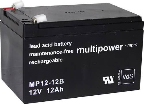 Multipower MP12-12B Bleiakku 12V 12Ah Blei-Vlies AGM Schwarz B/H/T: 9,8 x 15,1 x 9,8 cm mit 6,35mm Flachstecker wartungsfrei - Bild 1