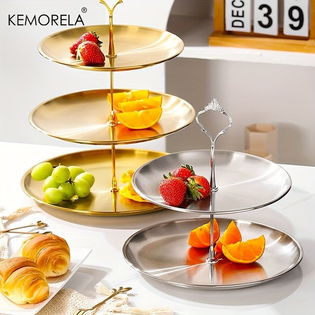 KEMORELA Etagere aus Edelstahl für Kuchen und Obst, 2/3 Schichten, rund, Gold oder Silber - Bild 1