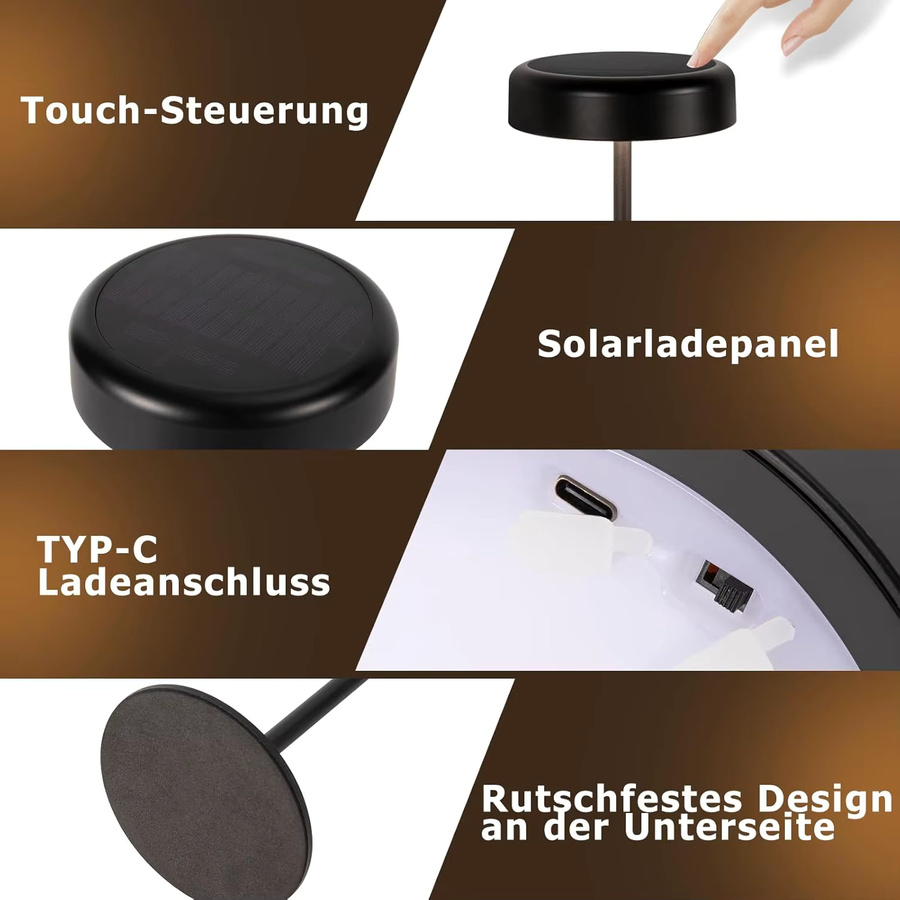 Dimmbare LED-Tischlampe in Schwarz mit Touch-Funktion, solarbetrieben und kabelloser USB-C-Aufladung, wasserdicht für Innen- und Außenbereich - Bild 7