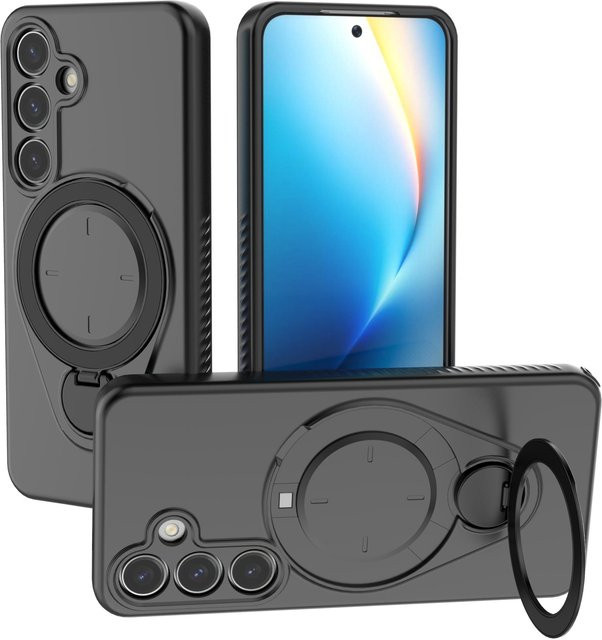 Stoßfeste Samsung Handyhülle mit 360 Grad drehbarem magnetischem Ringständer für kabelloses Laden in Schwarz für Galaxy S26 Ultra, S26, S25, S24 und S23 Ultra Plus - Bild 1
