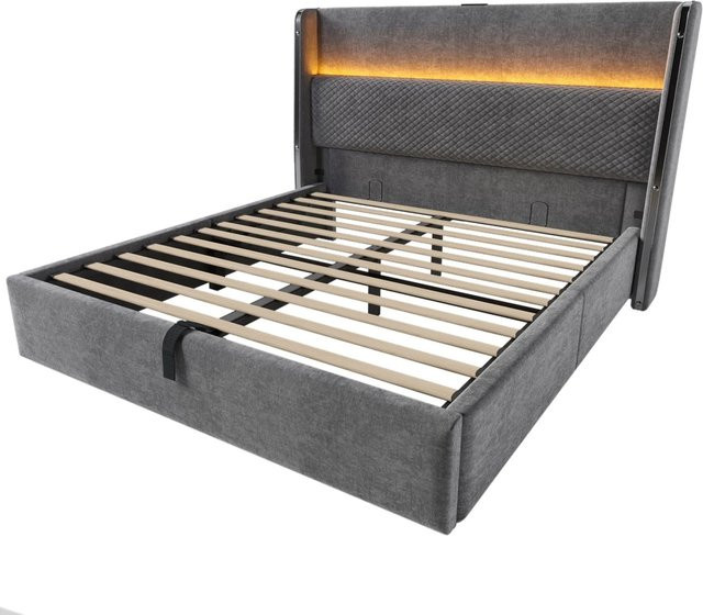 okwish Hydraulisches Bett mit Matratze und USB-C Anschlüssen, Grau, B/T/H: 140 x 200 x 46,9 cm - Bild 1