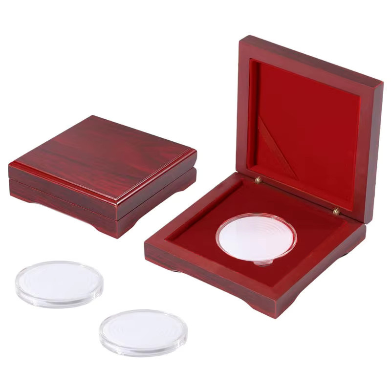 Challenge Coin Holz-Präsentationsbox in Dunkelrot mit Samt-Inlay für 1,65-Zoll-Münzen und Auszeichnungen - Bild 6