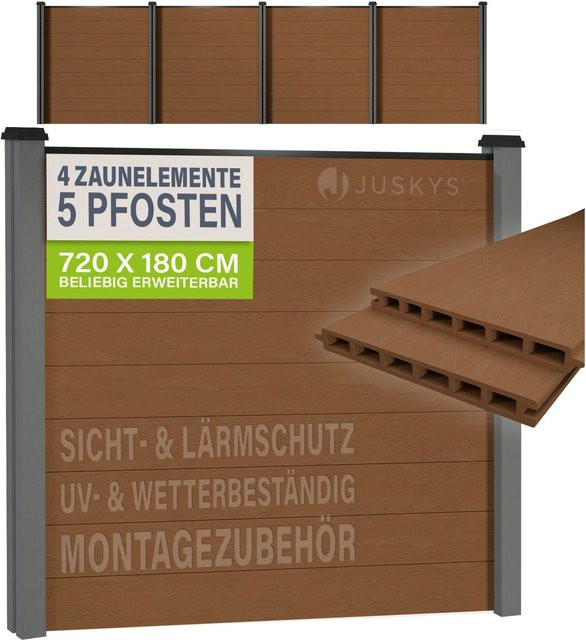 JUSKYS WPC Sichtschutzzaun 4er Set in Grau mit Stahlkonstruktion und Pfosten - Bild 1