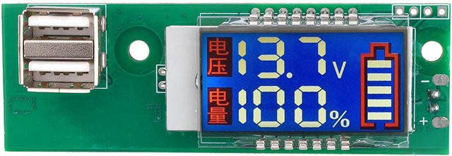 Aideepen LCD-Spannungsanzeige mit zwei Displays und zwei USB-Anschlüssen in Grün, 12 V, 11,1 V–12,6 V - Bild 1