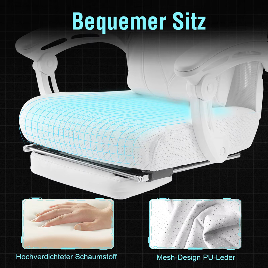 GTPLAYER Ergonomischer Gamingstuhl in Weiss mit verstellbarer Lordosenstütze und Kopfstütze aus PU-Leder - Bild 4