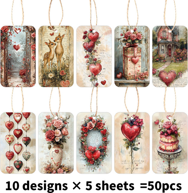 50 Stück Vintage-Gedenkanhänger aus Papier mit Hanfseil und floralem Design in Mehrfarbig - Bild 1