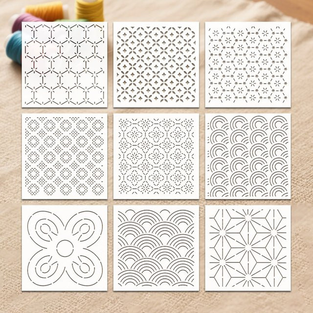 YOMDID Sashiko Stickerei Vorlagen Set aus 9 Stück, transparente geometrische Patchwork Schablonen für DIY Handarbeit, B/B/H: 15 x 15 x 15 cm - Bild 1
