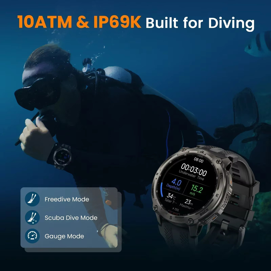 KOSPET Tank T4 Robuste Herren-Smartwatch in Schwarz und Silber mit 32 GB Speicher, GPS, Herzfrequenzmessung und 10 ATM Wasserdichtigkeit - Bild 6