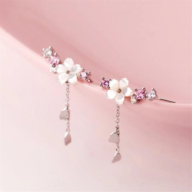 Ohrring 925 Silber, Kirschblüten Quaste, Weiß, Kristall, Zirkonia, Damen - Bild 1