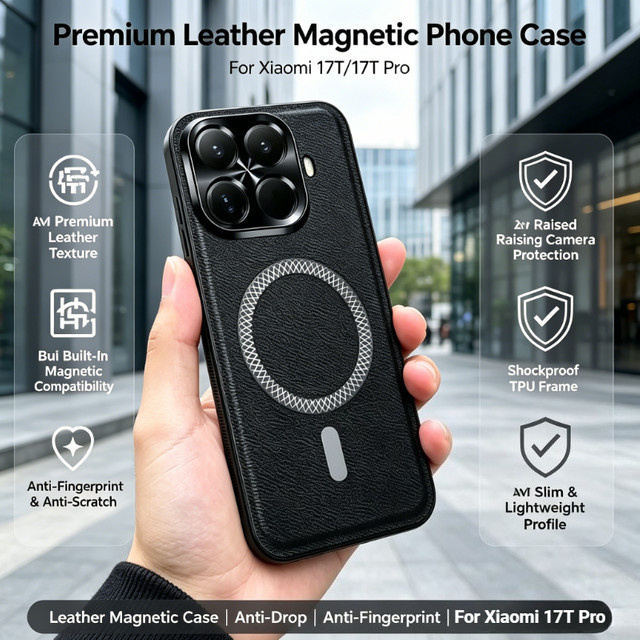 Premium Lederhülle mit Magnetverschluss und MagSafe-Ladefunktion für Xiaomi 17T Pro, 15T, POCO X8 Pro Max, F8 Ultra und M8 in Schwarz oder Braun - Bild 1