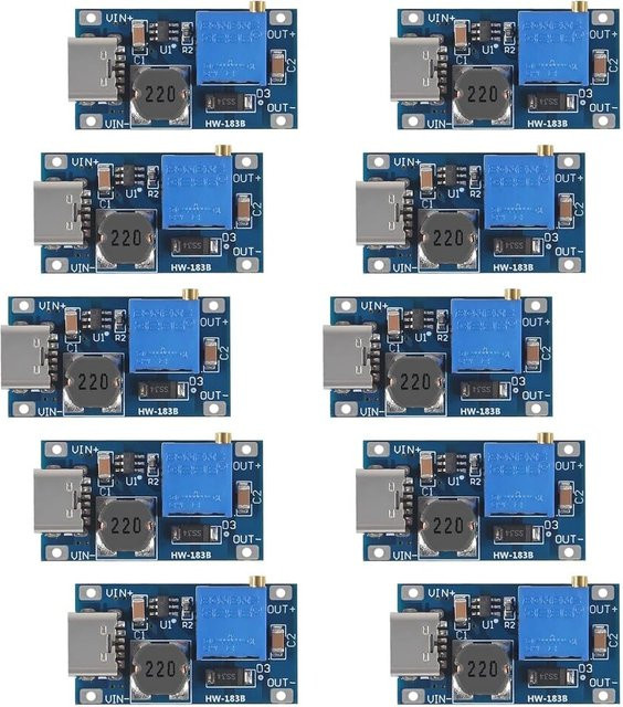10 Stück AOKIN MT3608 Step Up Modul Einstellbarer DC-DC Boost Converter mit Micro USB und USB-C Anschluss, Blau, 2V-24V zu 5V-28V 2A - Bild 1