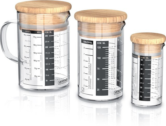 Arendo Messkrug Set aus Glas mit Deckel, transparent, luftdicht und auslaufsicher, 50 ml, 125 ml und 250 ml - Bild 1