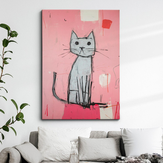 Gerahmtes Leinwand Poster von SHENCHEN mit buntem Katzenmotiv in Rosa und Multicolour als moderne abstrakte Wandkunst für dein Zuhause - Bild 1
