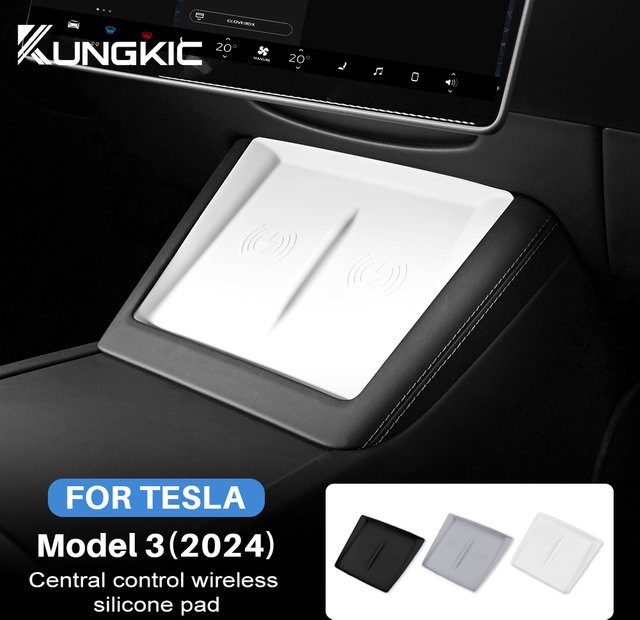 KUNGKIC Kabelloses Silikon Auto-Ladepad für Tesla Model 3 Highland 2024-2026 und Model Y 2025-2026 Juniper, Rutschfeste und Staubdichte Ladestation, Weiß - Bild 1