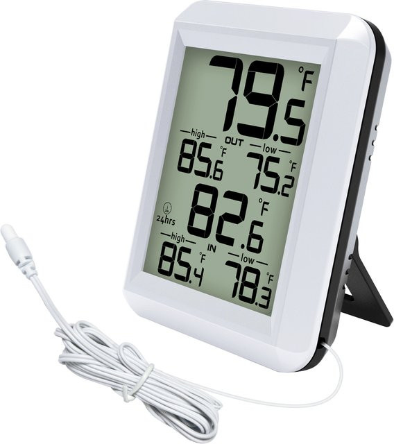 Urageuxy Indoor Outdoor Thermometer mit Max/Min Record, wasserdichtes Kabel für Zuhause, Kühlschrank oder Aquarium, Wand- und Tischmontage, Farbe: Weiß - Bild 1