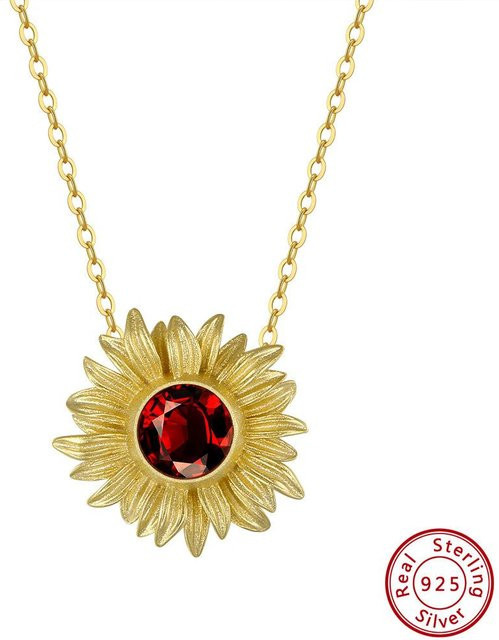 Halskette 925 Silber, Sonne Blume Set, Zirkonia, Rubin, Damen - Bild 1