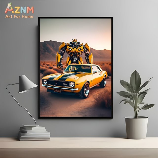 AZNM Transformers Bumblebee Classic Yellow Camaro Muscle Car Poster als rahmenlose Leinwand-Wandkunst mit Roboter-Charakterdruck - Bild 1