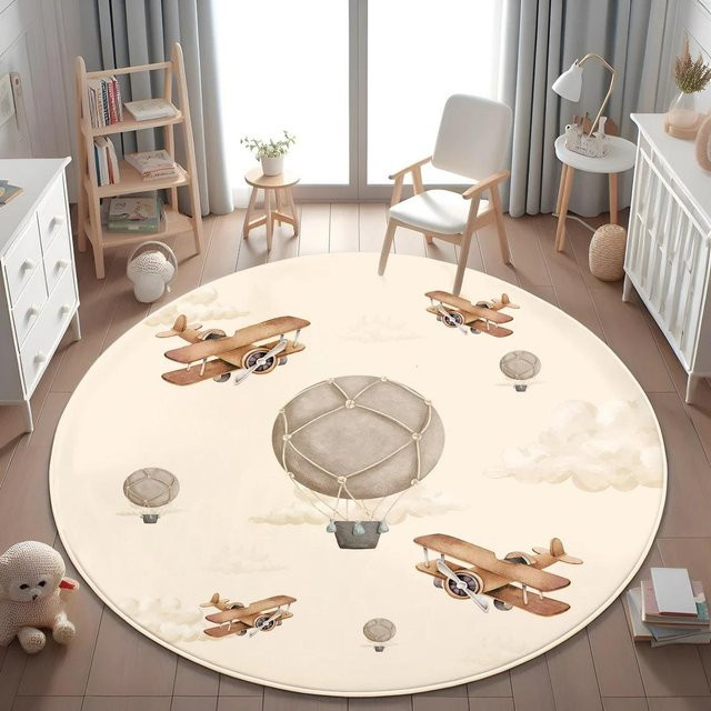 Karpetti Kinderteppich mit Flugzeug und Heißluftballon Motiv, rund, beige, Durchmesser: 120 cm - Bild 1