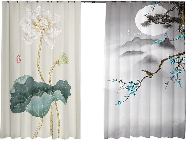 Yiran Furniture Chinesischer Vorhang Paravent mit Lotusblumen-Muster in Weiß, Zen-Stil mit Ösen, Breite: 55 cm, Höhe: 120 cm - Bild 1