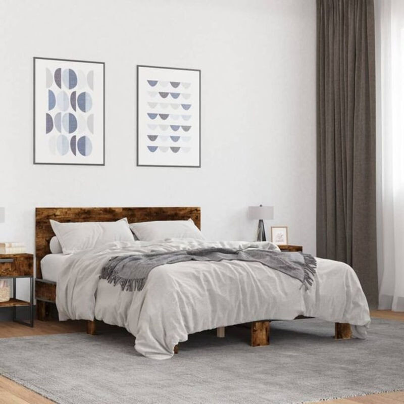 Bettgestell vidaxl in Räuchereiche Braun aus Holzwerkstoff und Metall im Industrial Design B/T/H: 120 x 200 x 81 cm - Bild 1
