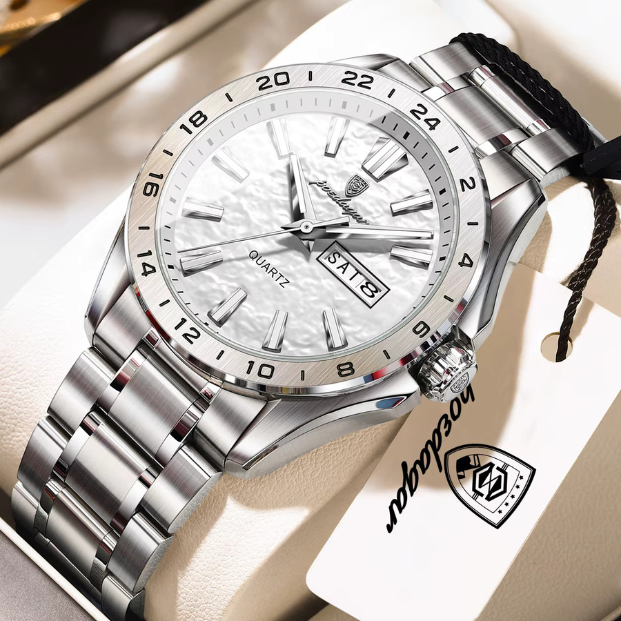 POEDAGAR Armbanduhr Quarz, Edelstahl, Silber, Herren, Datum, Wochentag - Bild 2