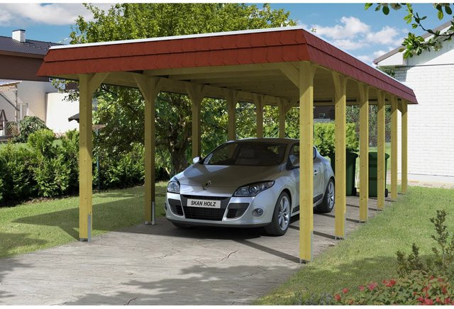 Skan Holz Carport Spreewald Walmdach aus Nadelholz mit Blende in Rot B/T/H: 893 x 345 x 241 cm - Bild 1