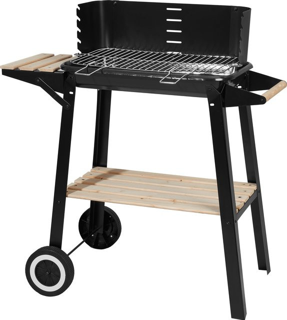 GRILLMEISTER Holzkohlegrillwagen in Schwarz mit Seitentisch und Ablagefläche aus Holz - Bild 1