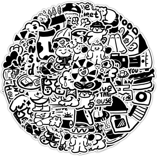GOGOTU Cartoon Aufkleber, Schwarz Weiß, 60-teiliges Set - Bild 1