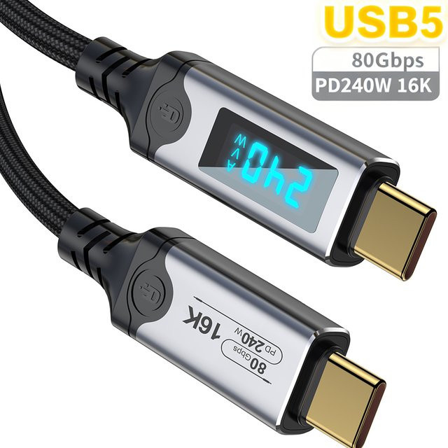 DOONJIEY USB-C Schnellladekabel mit 240 W Leistung, 80 Gbit/s Datenübertragung und LED-Anzeige für Thunderbolt 5/4, Monitor und Laptop - Bild 1