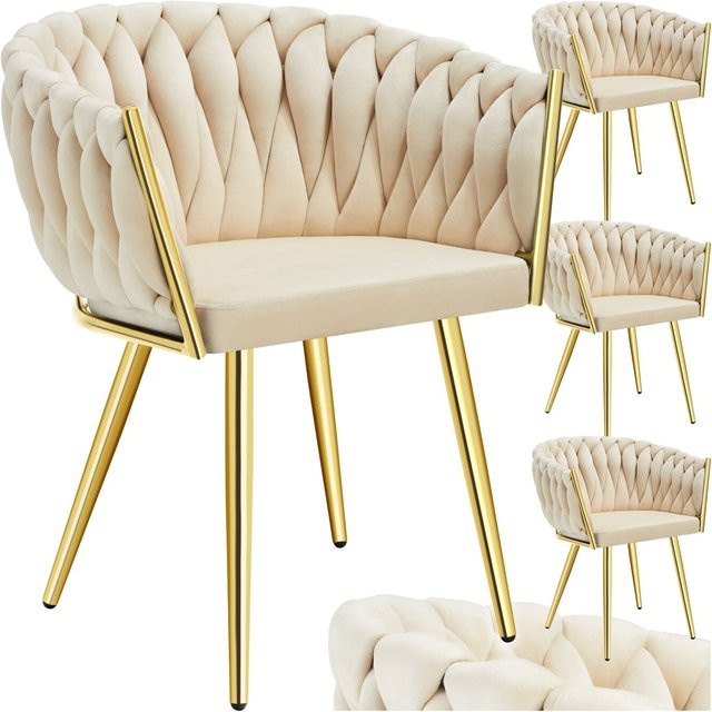 tectake Set Esszimmerstühle Astano 4er Set gepolstert mit Samtbezug und Knotendesign in Sand Gold, B/T/H: 60,5 x 55 x 75 cm - Bild 1