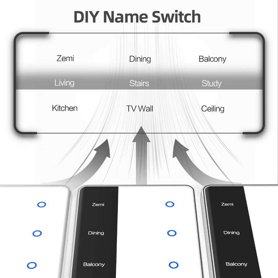 Zemismart DIY Namensschalter Zigbee Smart Display Touch Lichtschalter US-Typ in Weiß, kompatibel mit Tuya, Alexa und Google Home - Bild 2