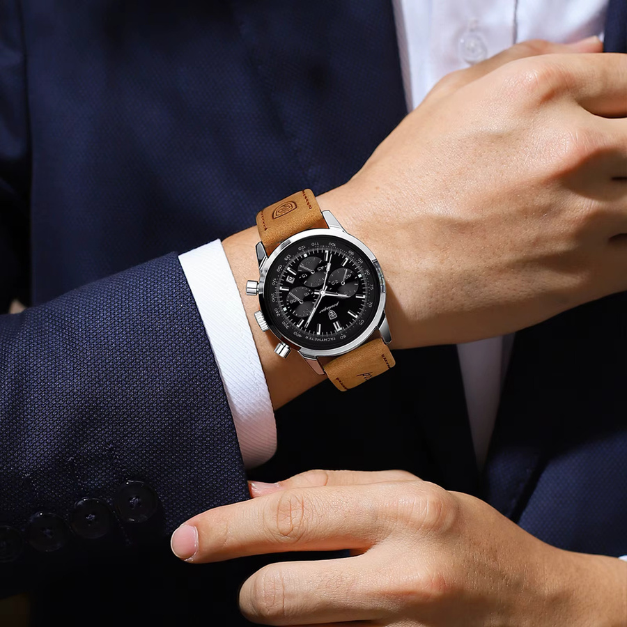 POEDAGAR Armbanduhr Chronograph, Quarz, Edelstahl, Leder, Herren - Bild 6