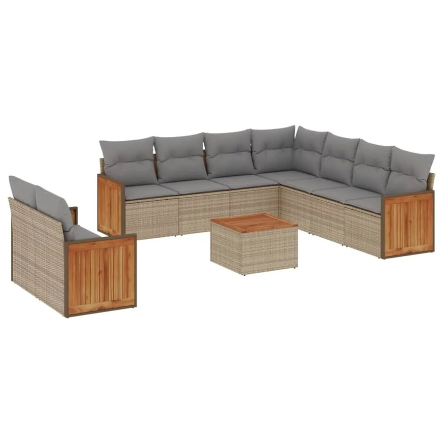 vidaXL 10-tlg. Garten-Sofagarnitur in L-Form aus Polyrattan und Akazienholz mit Kissen in Beige-Grau - Bild 2