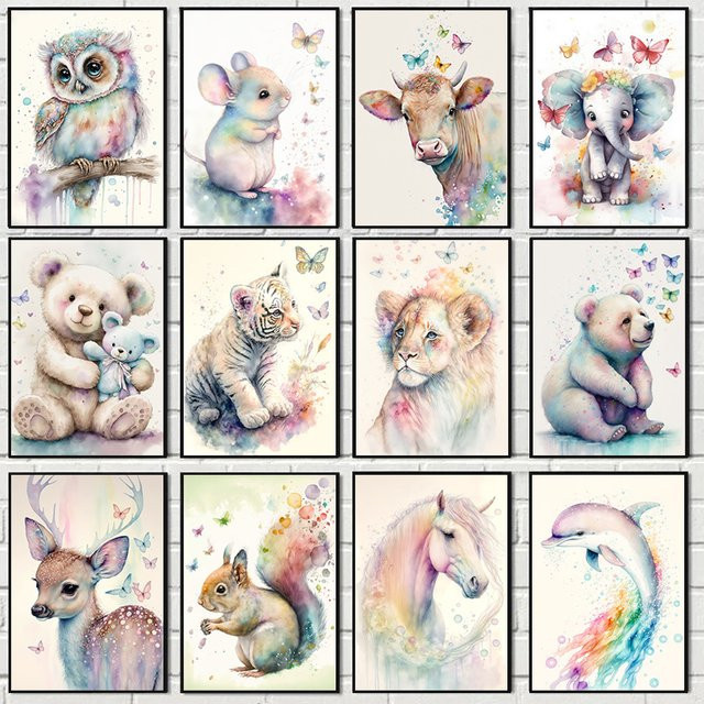 Potdemiel Aquarell-Tier Leinwandgemälde mit Löwen, Tigern, Hunden und Hirschen in Mehrfarbig für Kinderzimmer Wandkunst - Bild 1