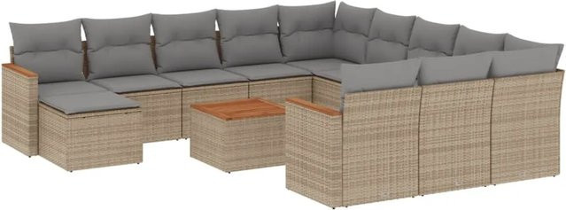 vidaXL 13-teilige Garten-Sofagarnitur in L-Form aus Polyrattan und Akazienholz mit Kissen in Beige - Bild 1