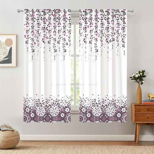 2er-Set halbverdunkelnde Küchenvorhänge von Yiran Furniture mit Aquarell-Blumenmuster in Weiß und Multicolour, B: 50 cm, H: 160 cm - Bild 1