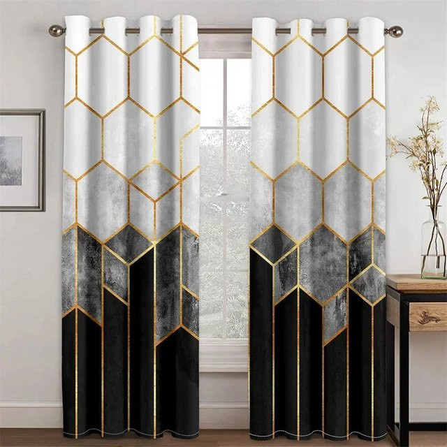 Yiran Furniture Lichtfilternder Vorhang mit gestreiftem abstrakten Design in Schwarz und Gold, 2-teilig, B: 107 cm, H: 160 cm - Bild 1