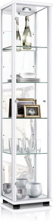 K-Möbel Glasvitrine stehend in Weiss mit LED-Beleuchtung, Spiegel und 4 höhenverstellbaren Glasböden, H x B x T: 176 x 37 x 33 cm