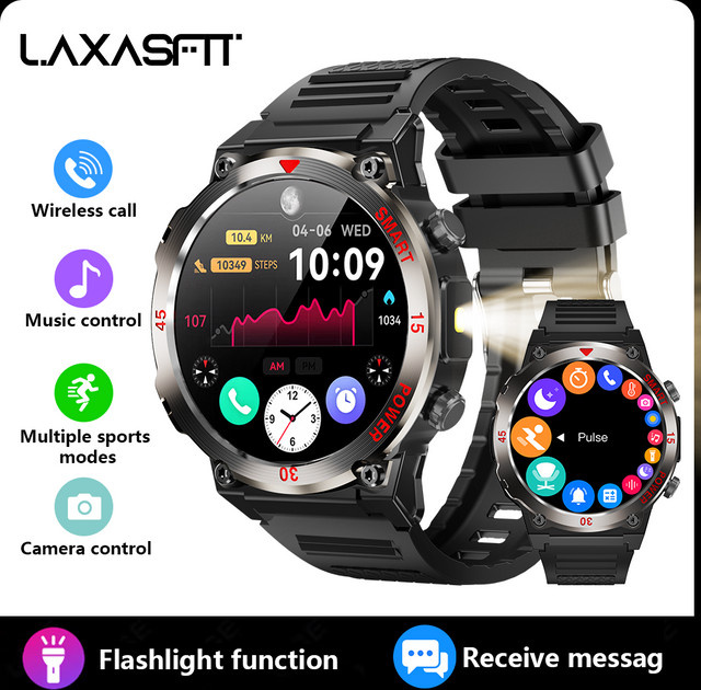LAXASFIT Smartwatch, Herren, Schwarz, Silikon, Bluetooth, Rund - Bild 1