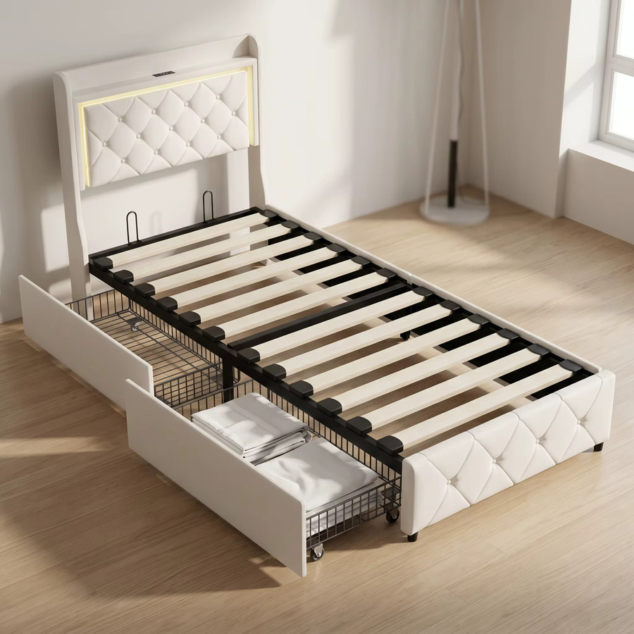 Superaly Polsterbett mit 2 Schubladen, LED-Beleuchtung und USB-Ladefunktion, Samt, Beige, B: 90 cm, T: 200 cm - Bild 4