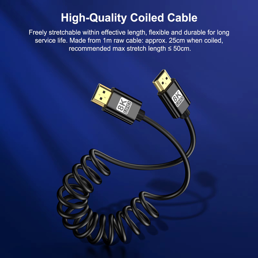 Sbtool HDMI 2.1 Spiralkabel in Schwarz für 8K60Hz, schlankes und einziehbares Datenkabel für TV, Kamera und Monitor - Bild 2
