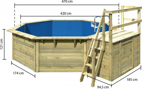 Karibu Achteck Pool Set in Grau und Blau mit Sonnenterrasse, Filteranlage und Skimmer