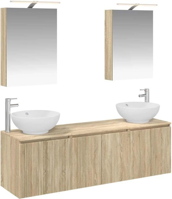 vidaXL Badezimmerschrank-Set 5-teilig in Sonoma-Eiche, bestehend aus Waschtischunterschrank, Spiegelschrank mit LED-Beleuchtung und Wandschränken, Braun - Bild 1
