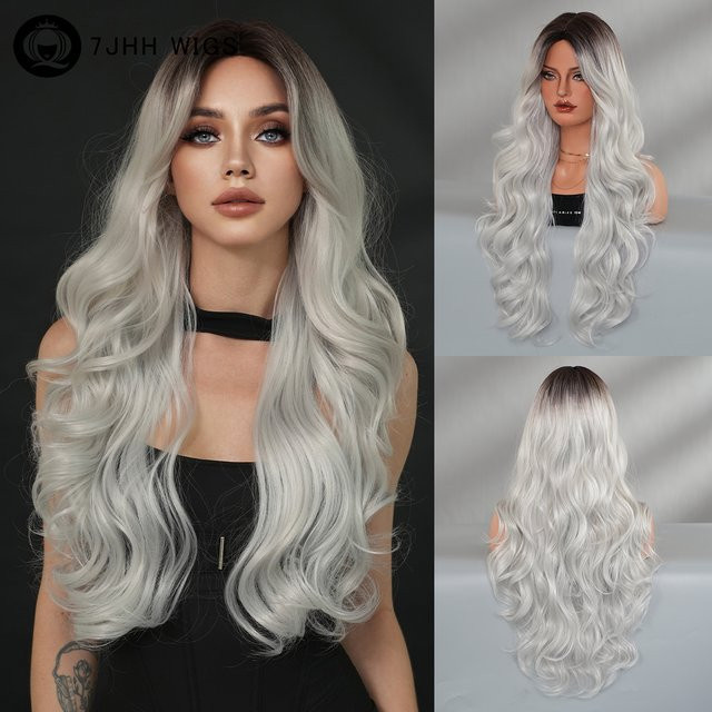 7JHH WIGS Perücke, Lange Wasserwellen, Aschsilber, Damen - Bild 1