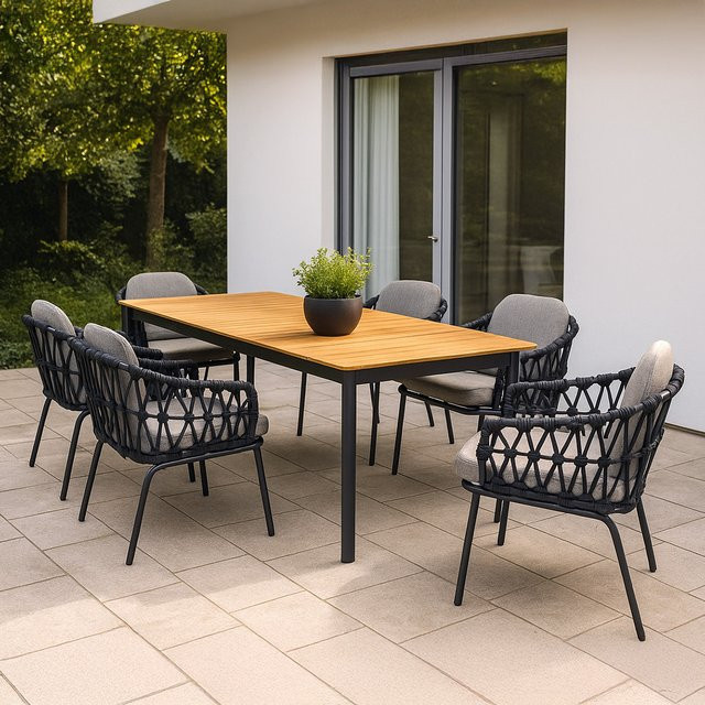 Lola Gartenmöbel-Set Lisbon 7-tlg. aus Aluminium mit Teakplatte und Kissen Pepper in Graphite, Rope Carbon und Anthrazit inklusive Ausziehtisch Jazz B: 214,5 cm, B: 296 cm - Bild 1